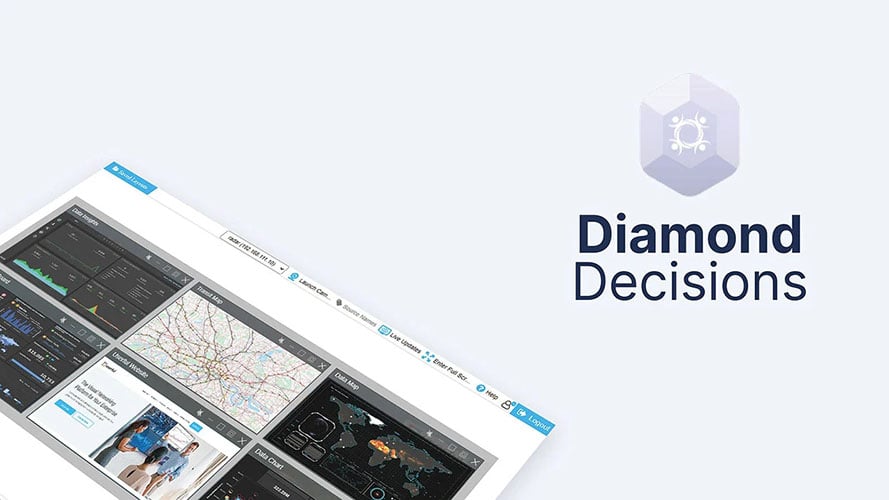 Diamond Decisions的标志和Userful经理界面，显示数据仪表板和网站