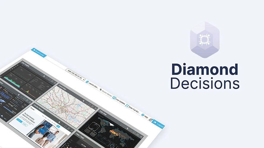 Diamond Decisions的标志和Userful经理界面,显示数据仪表板和网站