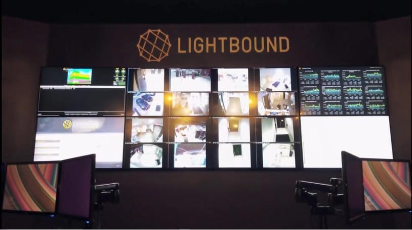 空的Lightbound控制室，有2个工作站和显示网站、数据和广告的视频墙