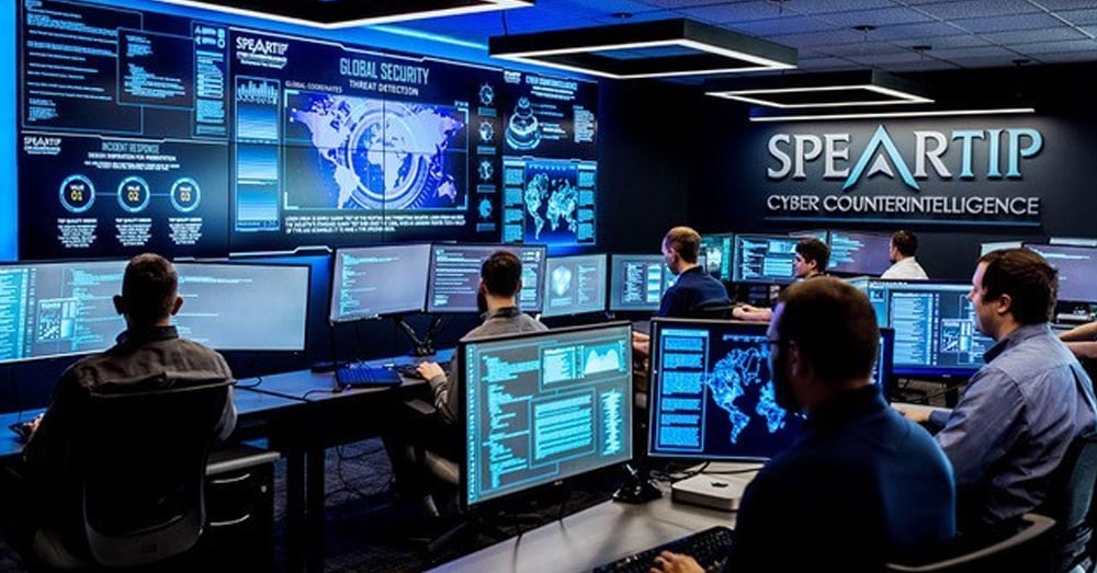 Speartip网络反间谍安全操作中心，有显示数据的视频墙，工人在工作站工作。