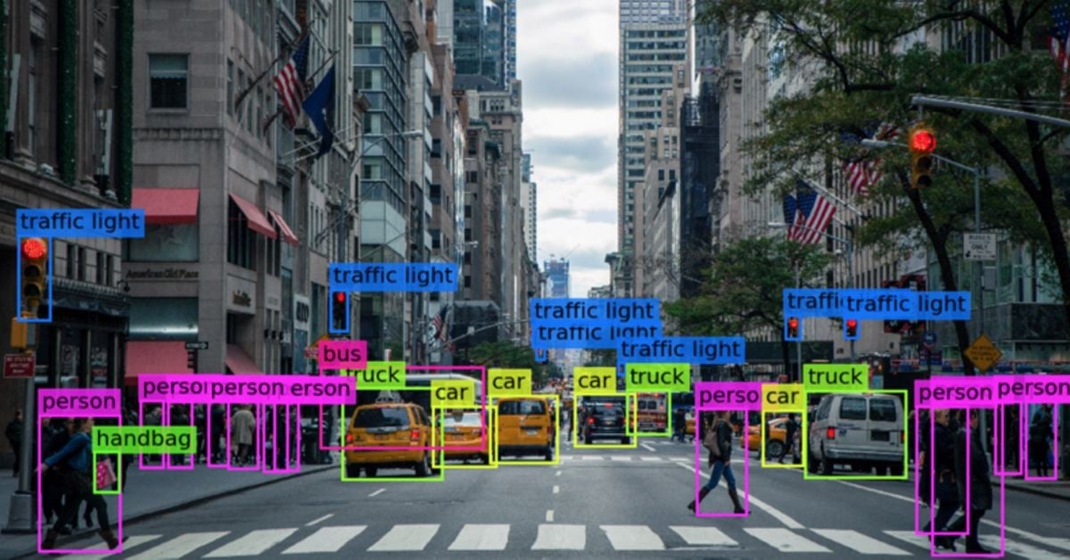 城市街道上的人员、红绿灯、汽车、公共汽车、卡车和手提包通过AI视觉识别软件突出显示。