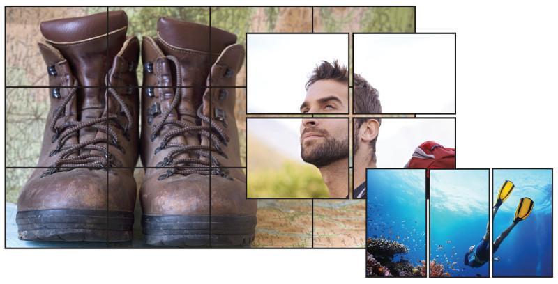 大视频墙，显示森林中靴子的照片，中视频墙，显示一个人在徒步旅行时的表情，小视频墙显示一个人在潜水。