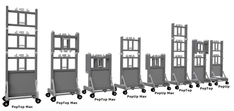 8种不同的便携式模块化视频商城支架，其中包括3个PopTop Max、2个PopUp Max、2个PopTop、1个PopUp