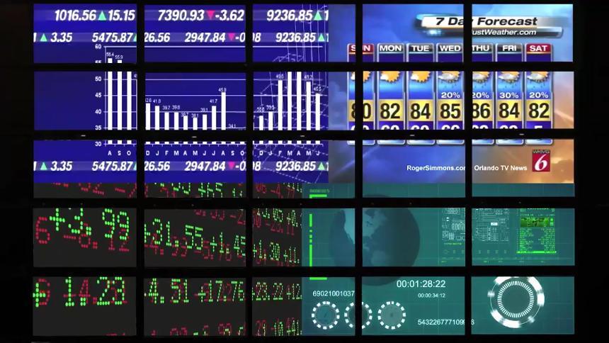 5乘5的面板视频墙，显示股票图表、天气预报和数据仪表板