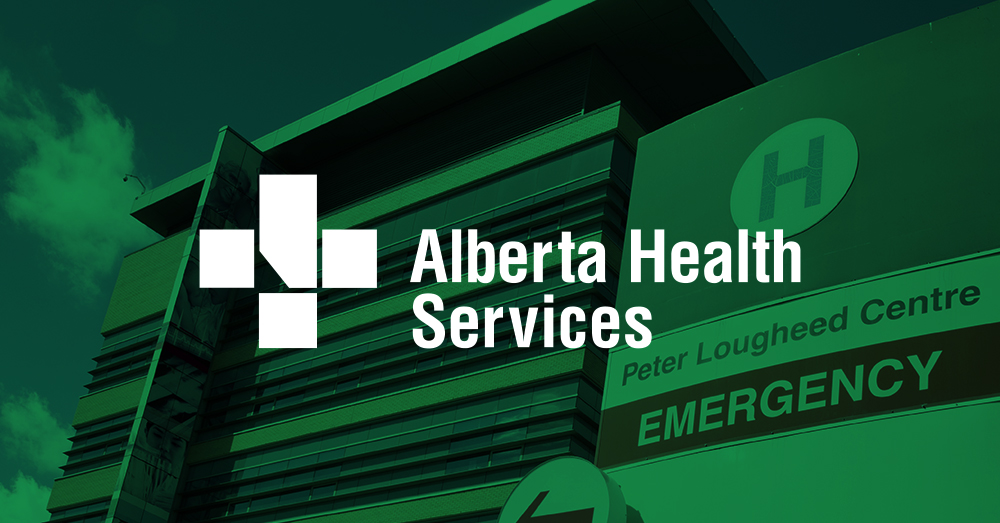 A photo of the Peter Lougheed Center Hospital emergency sign, and hospital building against a blue sky with green overlay and logo